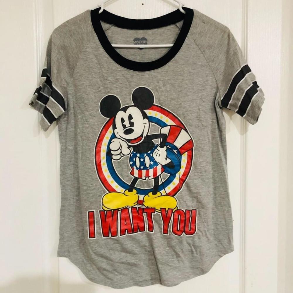 Modern Lux Women's T-Shirt US Flag Mickey Mouse I Want You‎ Gray Size Small